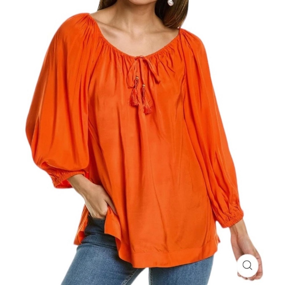 Trina Turk Boho Keyhole Flounce Lantern Long Sleeve Orange Blouse Size Medium